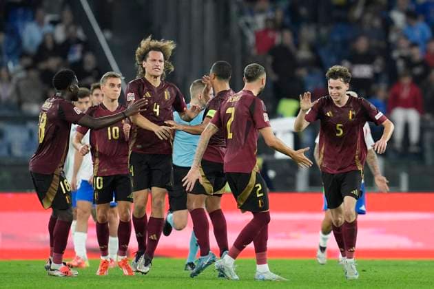Maxim De Cuyper (Belgium) celebrates after scoring his team s first goal with team mates, UEFA Nations League 2024 25 League A Group A2, Italy v Belgium, Stadio Olimpico, October 10, 2024, Rome, Italy.