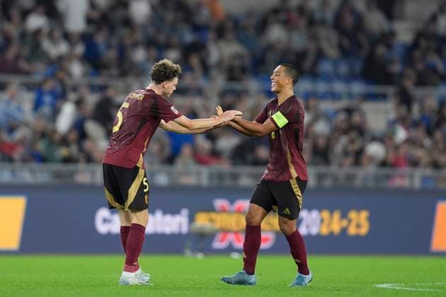 Maxim De Cuyper (Belgium) celebrates with Youri Tielemans (Belgium) after scoring his team s first goal, UEFA Nations League 2024 25 League A Group A2, Italy v Belgium, Stadio Olimpico, October 10, 2024, Rome, Italy.