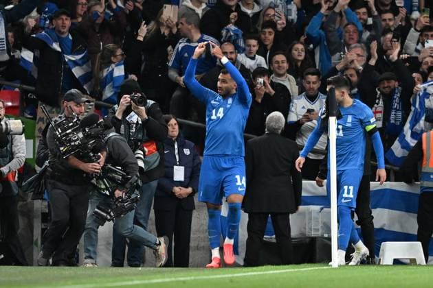 England v Greece UEFA Nations League 10 10 2024. Group 2 Goal 0-1 - Vangelis Pavlidis (14) of Greece celebrates scoring the opening goal during the UEFA Nations League match between England and Greece at Wembley Stadium, London, England on 10 October 2024. London Wembley Stadium Greater London England Editorial use only , Copyright: xGrahamxHuntx PSI-20580-0092