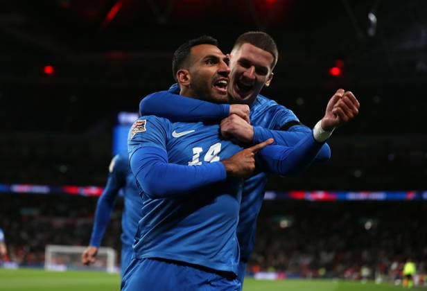 Vangelis Pavlidis of Greece celebrates after he scores the opening goal to put Greece 1-0 up England v Greece - UEFA Nations League - League B - Group 2. Football. Wembey Stadium, London. UK. 10 OCT 2024 Editorial use only  Copyright: xJASONPIX Shutterstockx 14774704af