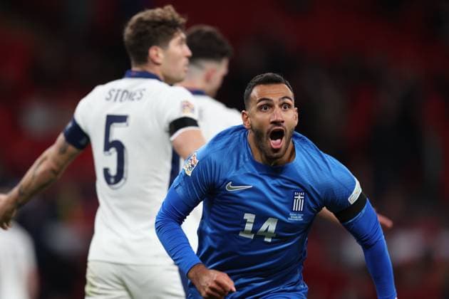 Vangelis Pavlidis of Greece celebrates after he scores the opening goal to put Greece 1-0 up England v Greece - UEFA Nations League - League B - Group 2. Football. Wembey Stadium, London. UK. 10 OCT 2024 Editorial use only  Copyright: xJASONPIX Shutterstockx 14774704an