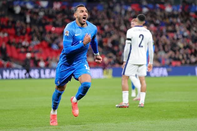 England v Greece UEFA Nations League Vangelis Pavlidis of Greece celebrates scoring his side™s 1st goal during the UEFA Nations League Group F match at Wembley Stadium, London UK Newspapers OUT Copyright: xPaulxChestertonx FIL-20749-0024
