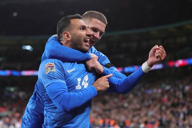 England v Greece UEFA Nations League Vangelis Pavlidis of Greece celebrates scoring his side™s 1st goal during the UEFA Nations League Group F match at Wembley Stadium, London UK Newspapers OUT Copyright: xPaulxChestertonx FIL-20749-0030