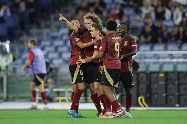 UEFA Nations League 2024 match Italy - Belgium Leandro Trossard of Belgium (Arsenal) celebrates after scoring a goal during the UEFA Nations League 2024 match between Italy - Belgium at the Olimpico stadium, Rome, Italy October 10, 2023. ABPH6637 Copyright: xAntonioxBalascox