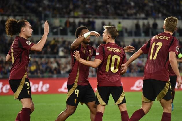 Leandro Trossard of Belgium celebrates after scoring the goal of 2-2 during the UEFA Nations League football match between Italy and Belgium at Olimpico stadium in Rome (Italy), October 10, 2024. antoniettaxbaldassarre