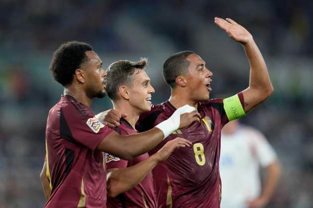 Leandro Trossard (Belgium) celebrates after scoring his team s second goal with team mates, UEFA Nations League 2024 25 League A Group A2, Italy v Belgium, Stadio Olimpico, October 10, 2024, Rome, Italy.