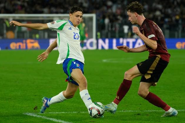 Niccolo Pisilli of Italy and Maxim De Cuyper of Belgium during the UEFA Nations League football match between Italy and Belgium at Olimpico stadium in Rome (Italy), October 10, 2024. AndreaxStaccioli