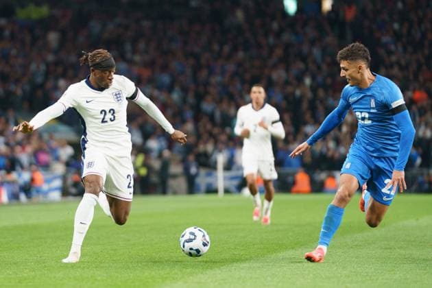 England v Greece Noni Madueke of England under pressure from Dimitris Giannoulis of Greece during the England v Greece UEFA Nations League Round 1 match at Wembley Stadium, London, England, United Kingdom on 10 October 2024 Editorial use only. All images are copyright Every Second Media Limited. No images may be reproduced without prior permission. Copyright: xIMAGO EveryxSecondxMediax ESM-1167-0047