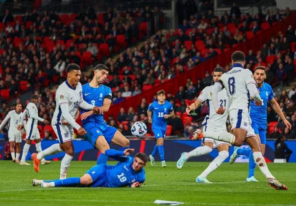 England v Greece UEFA Nations League Ollie Watkins of England and Konstantinos Koulierakis and Christos Zafeiris of Greece in action during the UEFA Nations League Group F match at Wembley Stadium, London UK Newspapers OUT Copyright: xYannisxHalasx FIL-20750-0085