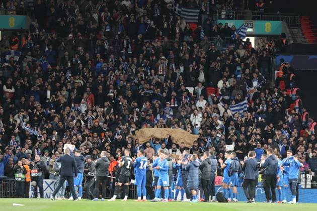 Greece fans celebrate with their team by holding off a tribute banner to the late George Baldock after the UEFA Nations League match between England and Greece at Wembley Stadium, London, England on 10 October 2024. Copyright: xJoshuaxSmithx 41930005