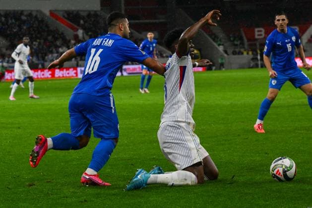 CALCIO - UEFA Nations League - Israel vs France Foul of Mohammad Abu Fani (Israel) on Aurelien Djani Tchouameni (France) during the UEFA Nations League match between Israel vs. France on 10th October 2024 at the Bozsik Arena stadium in Budapest, Hungary Budapest Hungary  Copyright: xIPAxSport ABACAx