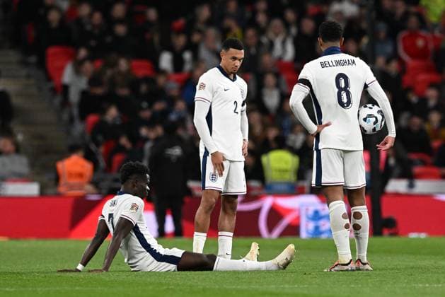 England v Greece UEFA Nations League 10 10 2024. Group 2 Bukayo Saka (7) of England down injured during the UEFA Nations League match between England and Greece at Wembley Stadium, London, England on 10 October 2024. London Wembley Stadium Greater London England Editorial use only , Copyright: xGrahamxHuntx PSI-20580-0293