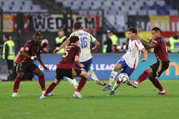 Jeremy Doku (Belgium)Maxim De Cuyper (Belgium)Davide Frattesi (Italy)Niccolo Pisilli (Italy)Youri Tielemas (Belgium) during the UEFA Nations League match between Italy 2-2 Belgium at Olimpic Stadium on October 10 , 2024 in PRoma, Italy. Noxthirdxpartyxsales  (269522399)