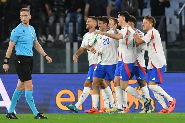 Soccer, Nation League match , Italy-Belgium Andrea Cambiaso of Italy celebrates scoring his goal during Nation League phase Matchday 3 League A Group A2 Italy-Belgium at Olympic stadium, Italy, Oct 10th, 2024. Imago-Images Emmefoto Copyright: xImago-Images Emmefotox