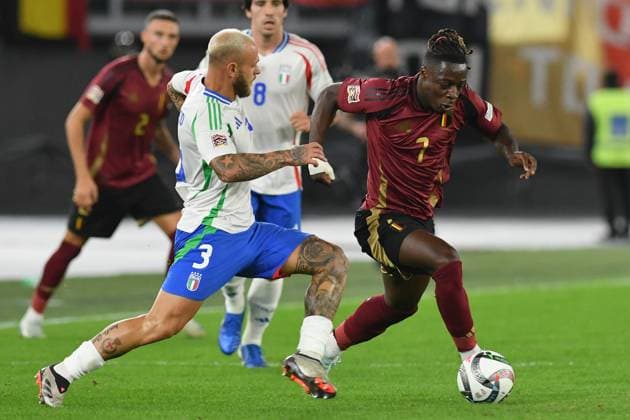 Soccer, Nation League match , Italy-Belgium Federico Dimarco of Italy,Jeremy Doku of Belgium during Nation League phase Matchday 3 League A Group A2 Italy-Belgium at Olympic stadium, Italy, Oct 10th, 2024. Imago-Images Emmefoto Copyright: xImago-Images Emmefotox