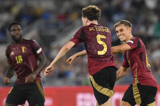 Soccer, Nation League match , Italy-Belgium Maxim De Cuyper of Belgium celebrates scoring his goal during Nation League phase Matchday 3 League A Group A2 Italy-Belgium at Olympic stadium, Italy, Oct 10th, 2024. Imago-Images Emmefoto Copyright: xImago-Images Emmefotox