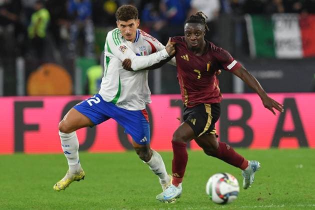 Soccer, Nation League match , Italy-Belgium Giovanni Di Lorenzo of Italy,Jeremy Doku of Belgium during Nation League phase Matchday 3 League A Group A2 Italy-Belgium at Olympic stadium, Italy, Oct 10th, 2024. Imago-Images Emmefoto Copyright: xImago-Images Emmefotox