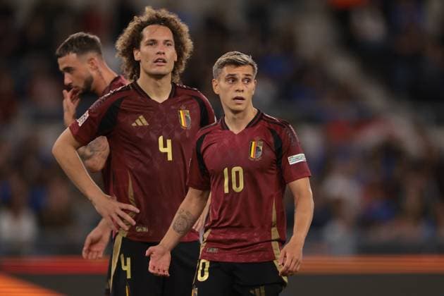 Rome, Italy, 10th October 2024. Leandro Trossard and Wout Faes of Belgium look on during the UEFA Nations League match at Stadio Olimpico, Rome. Picture credit should read: Jonathan Moscrop Sportimage EDITORIAL USE ONLY. No use with unauthorised audio, video, data, fixture lists, club league logos or live services. Online in-match use limited to 120 images, no video emulation. No use in betting, games or single club league player publications. SPI-3351-0055