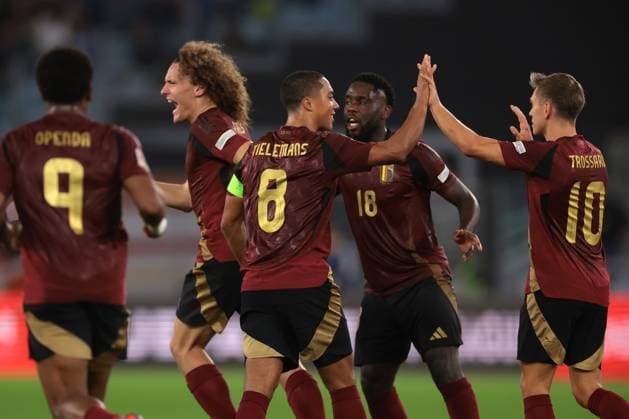 Rome, Italy, 10th October 2024. Youri Tielemans, Leandro Trossard, Orel Mangala, Lois Openda and Wout Faes of Belgium celebrate after team mate Maxim De Cuyper scored to pull a goal back and reduce the arrears to 2-1 during the UEFA Nations League match at Stadio Olimpico, Rome. Picture credit should read: Jonathan Moscrop Sportimage EDITORIAL USE ONLY. No use with unauthorised audio, video, data, fixture lists, club league logos or live services. Online in-match use limited to 120 images, no video emulation. No use in betting, games or single club league player publications. SPI-3351-0066