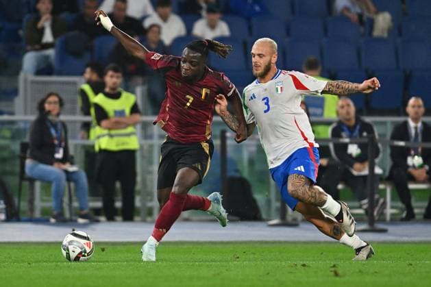 CALCIO - UEFA Nations League - Italy vs Belgium Jeremy Doku (BEL) and Federico Dimarco (ITA) in action during the UEFA National League Matchday 3 match between Italy and Belgium at the Olympic Stadium on October 10, 2024 in Rome, Italy. Rome Italy  Copyright: xIPAxSport ABACAx