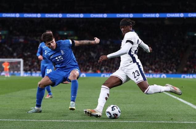 Noni Madueke of England and Rota Lazaros of Greece England v Greece, UEFA Nations League, League B, Group 2, Football, Wembley Stadium, London, UK, 10 Oct 2024 EDITORIAL USE ONLY No use with unauthorised audio, video, data, fixture lists, club league logos or live services. Online in-match use limited to 120 images, no video emulation. No use in betting, games or single club league player publications. Copyright: xMichaelxZemanek Shutterstockx 14767424iv