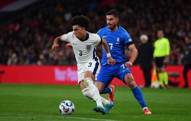 England v Greece, London, UK - 10 Oct 2024 Rico Lewis of England challenges for the ball with Georgios Masouras of Greece during the UEFA Nations League match between England and Greece on 10th October 2024 at Wembley Stadium, London London Wembley Stadium London GBR Copyright: xFrankiexOKeeffe PPAUKx PPA-141946