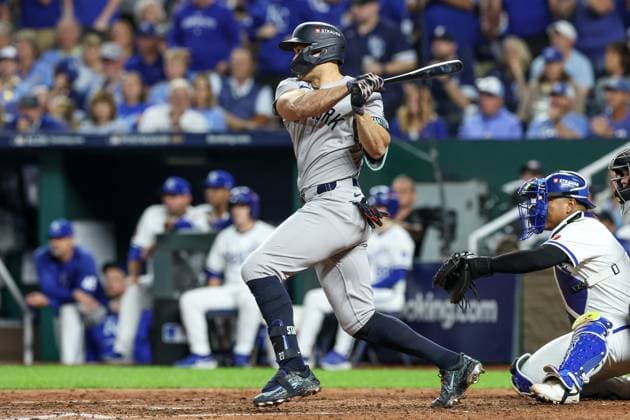 October 10, 2024: New York Yankees designated hitter Giancarlo Stanton (27) hits an RBI single scoring New York Yankees center fielder Aaron Judge (99), not shown, during the sixth inning of game 4 of the American League Division Series against the Kansas City Royals at Kauffman Stadium in Kansas City, MO. CSM Kansas City United States of America - ZUMAc04_ 20241010_zma_c04_032 Copyright: xDavidxSmithx