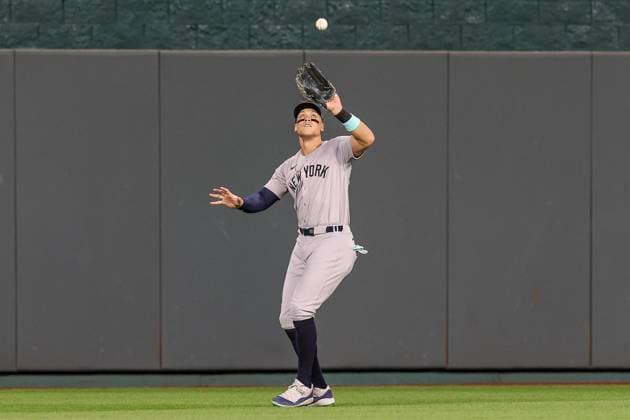 October 10, 2024: New York Yankees center fielder Aaron Judge (99) catches a fly ball for an out on Kansas City Royals first baseman Yuli Gurriel (18) during the second inning of game 4 of the American League Division Series at Kauffman Stadium in Kansas City, MO. CSM Kansas City United States of America - ZUMAc04_ 20241010_zma_c04_038 Copyright: xDavidxSmithx