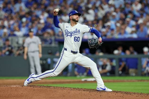October 10, 2024: Kansas City Royals relief pitcher Lucas Erceg (60) throws against the New York Yankees during the sixth inning of game 4 of the American League Division Series at Kauffman Stadium in Kansas City, MO. CSM Kansas City United States of America - ZUMAc04_ 20241010_zma_c04_051 Copyright: xDavidxSmithx