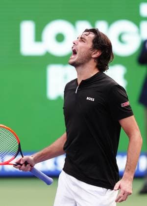 (241011) -- SHANGHAI, Oct. 11, 2024 -- Taylor Fritz celebrates after winning the men s singles quarterfinal match between Taylor Fritz of the United States and David Goffin of Belgium at the ATP, Tennis Herren World Tour Shanghai Masters tennis tournament in Shanghai, east China, Oct. 11, 2024. ) (SP)CHINA-SHANGHAI-TENNIS-ATP TOUR-SHANGHAI MASTERS(CN) XuxYanan 