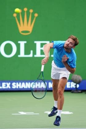 (241011) -- SHANGHAI, Oct. 11, 2024 -- David Goffin serves during the men s singles quarterfinal match between Taylor Fritz of the United States and David Goffin of Belgium at the ATP, Tennis Herren World Tour Shanghai Masters tennis tournament in Shanghai, east China, Oct. 11, 2024. ) (SP)CHINA-SHANGHAI-TENNIS-ATP TOUR-SHANGHAI MASTERS(CN) XuxYanan 