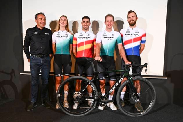 Ridley Racing Team Presentation BERINGEN, BELGIUM - OCTOBER 11 : Richard Groenendaal (Sports Director), Lore Sas, Felipe Orts (Spanish CX champion), Daan Soete (BE), Joris Nieuwenhuis (Netherlands CX Champion) during the official presentation of the brand new off-road Ridley Racing Team Cyclocross, Gravel and MTB at the Belgian Bike Valley on October 11, 2024 in Beringen, Belgium, 11 10 2024 Beringen Belgium  Copyright: xVincentxKalutx