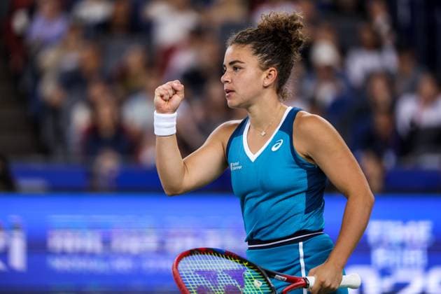WUHAN, CHINA - OCTOBER 11: Jasmine Paolini of Italy reacts in the Women s Singles Quarterfinal match against Zheng Qinwen of China on day seven of 2024 Wuhan Open at Optics Valley International Tennis Center on October 11, 2024 in Wuhan, Hubei Province of China.  Copyright: xVCGx 111523247144