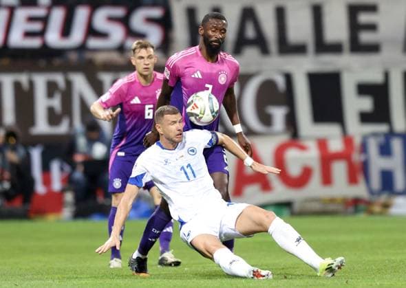 UEFA Nations League BIH v GER Edin Dzeko of Bosnia and Herzegovina and Antonio Rudiger of Germany in action during UEFA Nations League League phase, Matchday 3 match between Bosnia and Herzegovina and Germany at Stadion Bilino Polje in Zenica, Bosnia and Herzegovina on October 11, 2024.  ArminxDurgut PIXSELL