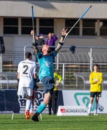 Football, 2024 2025 season, Amputee Bundesliga final match day , Tennis Borussia Berlin kick-off Hoffenheim playoffs , v l Pierre Kaiser Hoffenheim , cheering after goal to 0 1, 12 10 2024, Copyright: xSebastianxRäppold MatthiasxKochx