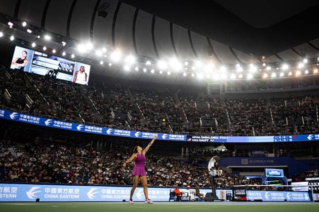 (241012) -- WUHAN, Oct. 12, 2024 -- Aryna Sabalenka serves during the women s singles semifinal match between Aryna Sabalenka of Belarus and Coco Gauff of the United States at the 2024 Wuhan Open tennis tournament in Wuhan, central China s Hubei Province, Oct. 12, 2024. ) (SP)CHINA-WUHAN-TENNIS-WUHAN OPEN-WOMEN S SINGLES (CN) XiaoxYijiu 