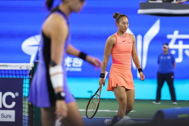 WUHAN, CHINA - OCTOBER 12: Zheng Qingwen of China in action in the Women s Singles Semifinal match against Wang Xinyu of China on day eight of 2024 Wuhan Open at Optics Valley International Tennis Center on October 12, 2024 in Wuhan, Hubei Province of China.  Copyright: xVCGx 111523415729