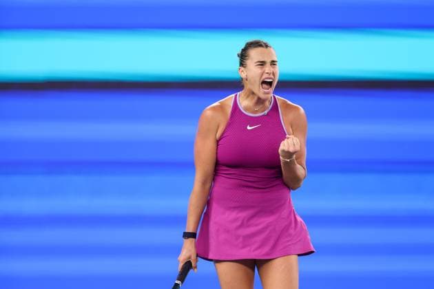 WUHAN, CHINA - OCTOBER 12: Aryna Sabalenka of Belarus in action in the Women s Singles Semifinal match against Coco Gauff of United States on day eight of 2024 Wuhan Open at Optics Valley International Tennis Center on October 12, 2024 in Wuhan, Hubei Province of China.  Copyright: xVCGx 111523411178