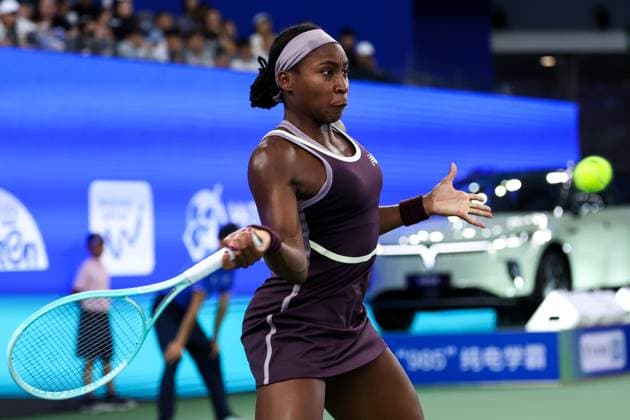 WUHAN, CHINA - OCTOBER 12: Coco Gauff of United States competes in the Women s Singles Semifinal match against Aryna Sabalenka of Belarus on day eight of 2024 Wuhan Open at Optics Valley International Tennis Center on October 12, 2024 in Wuhan, Hubei Province of China.  Copyright: xVCGx 111523402193