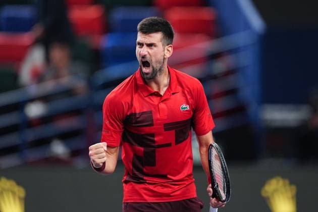 Sport Bilder des Tages (241012) -- SHANGHAI, Oct. 12, 2024 -- Novak Djokovic celebrates during the men s singles semifinal match between Taylor Fritz of the United States and Novak Djokovic of Serbia at the ATP, Tennis Herren World Tour Shanghai Masters tennis tournament in Shanghai, east China, Oct. 12, 2024. ) (SP)CHINA-SHANGHAI-TENNIS-ATP TOUR-SHANGHAI MASTERS(CN) XuxYanan 