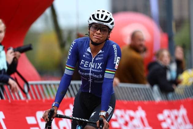 Dutch Ceylin Del Carmen Alvarado crosses the finish line at the women elite race of the Exact Cross Beringen cyclocross cycling event, Saturday 12 October 2024 in Beringen, race 1 7 of the Exact Cross competition. DAVIDxPINTENS  x102384975x
