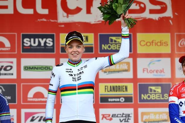 Dutch Fem Van Empel celebrates on the podium after winning the women elite race of the Exact Cross Beringen cyclocross cycling event, Saturday 12 October 2024 in Beringen, race 1 7 of the Exact Cross competition. DAVIDxPINTENS  x102386134x