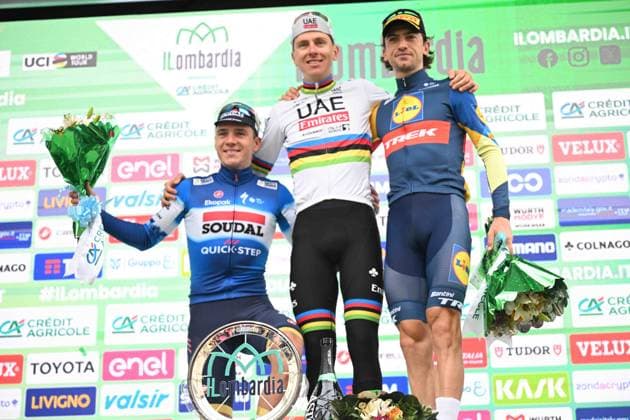 12-10-2024 Giro Di Lombardia; 2024, Uae Team Emirates; 2024, Soudal - Quick Step; 2024, Lidl - Trek; Pogacar, Tadej; Evenepoel, Remco; Ciccone, Giulio; Como; 