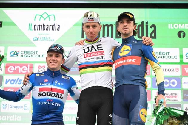 12-10-2024 Giro Di Lombardia; 2024, Uae Team Emirates; 2024, Soudal - Quick Step; 2024, Lidl - Trek; Pogacar, Tadej; Evenepoel, Remco; Ciccone, Giulio; Como; 