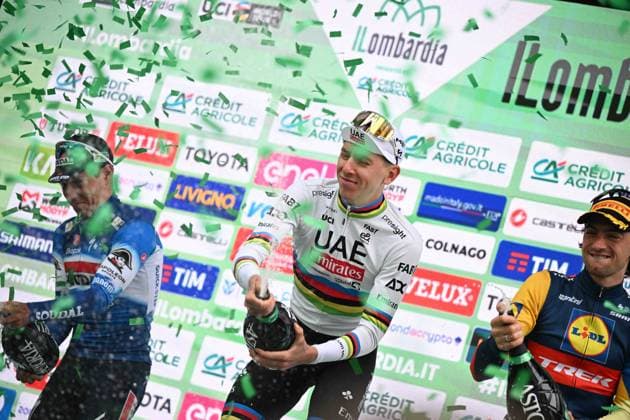 12-10-2024 Giro Di Lombardia; 2024, Uae Team Emirates; 2024, Soudal - Quick Step; 2024, Lidl - Trek; Pogacar, Tadej; Evenepoel, Remco; Ciccone, Giulio; Como; 