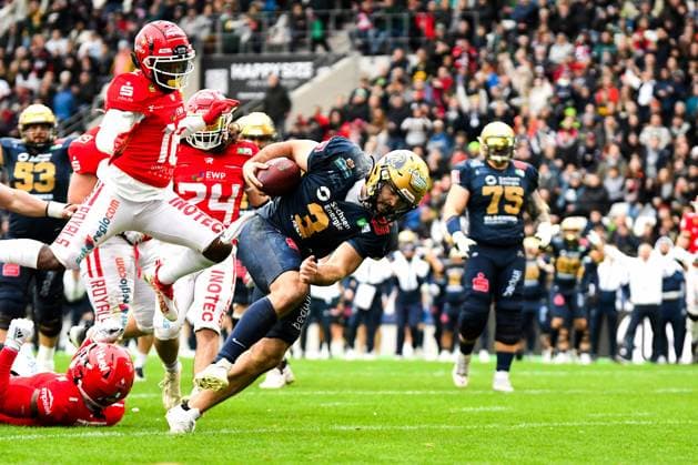 Touchdown Brock Domann 3, QB, Dresden Monarchs in front of Ruben De Ruyter 21, DB, Potsdam Royals GER, Potsdam Royals vs Dresden Monarchs, American Football, GFL, Bowl, Season 2024 25, 12 10 2024 GER, Dresden Monarchs vs Potsdam Royals, American Football, GFL, Bowl, Season 2024 25, 12 10 2024 Essen Copyright: xEibner-Pressefoto FlorianxWolfx EP_FWF