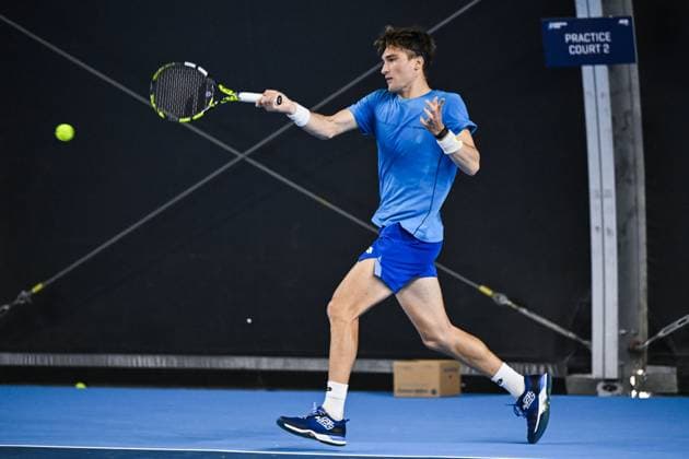 Belgian Raphael Collignon pictured in action during a practice session at the qualifying phase of the European Open Tennis ATP, Tennis Herren tournament, in Antwerp, Sunday 13 October 2024. TOM GOYVAERTS TomxGoyvaerts  x102429374x