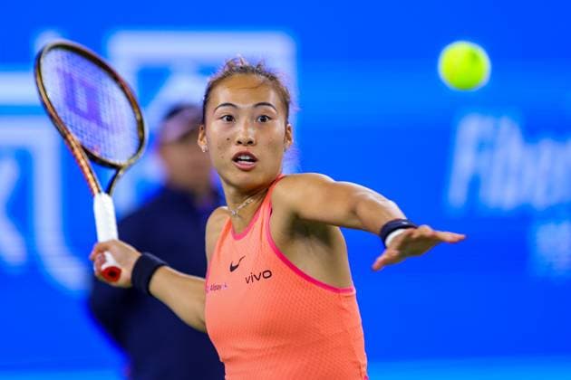 WUHAN, CHINA - OCTOBER 13: Zheng Qinwen of China competes in the Women s Singles Final match against Aryna Sabalenka on day nine of 2024 Wuhan Open at Optics Valley International Tennis Center on October 13, 2024 in Wuhan, Hubei Province of China.  Copyright: xVCGx 111523534104