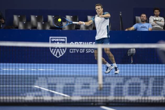 Belgian Michael Geerts pictured in action during the qualifying phase of the European Open Tennis ATP, Tennis Herren tournament, in Antwerp, Sunday 13 October 2024. DAVIDxPINTENS  x102430210x