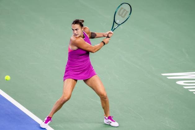 WUHAN, CHINA - OCTOBER 13: Aryna Sabalenka competes in the Women s Singles Final match against Zheng Qinwen of China on day nine of 2024 Wuhan Open at Optics Valley International Tennis Center on October 13, 2024 in Wuhan, Hubei Province of China.  Copyright: xVCGx 111523538945